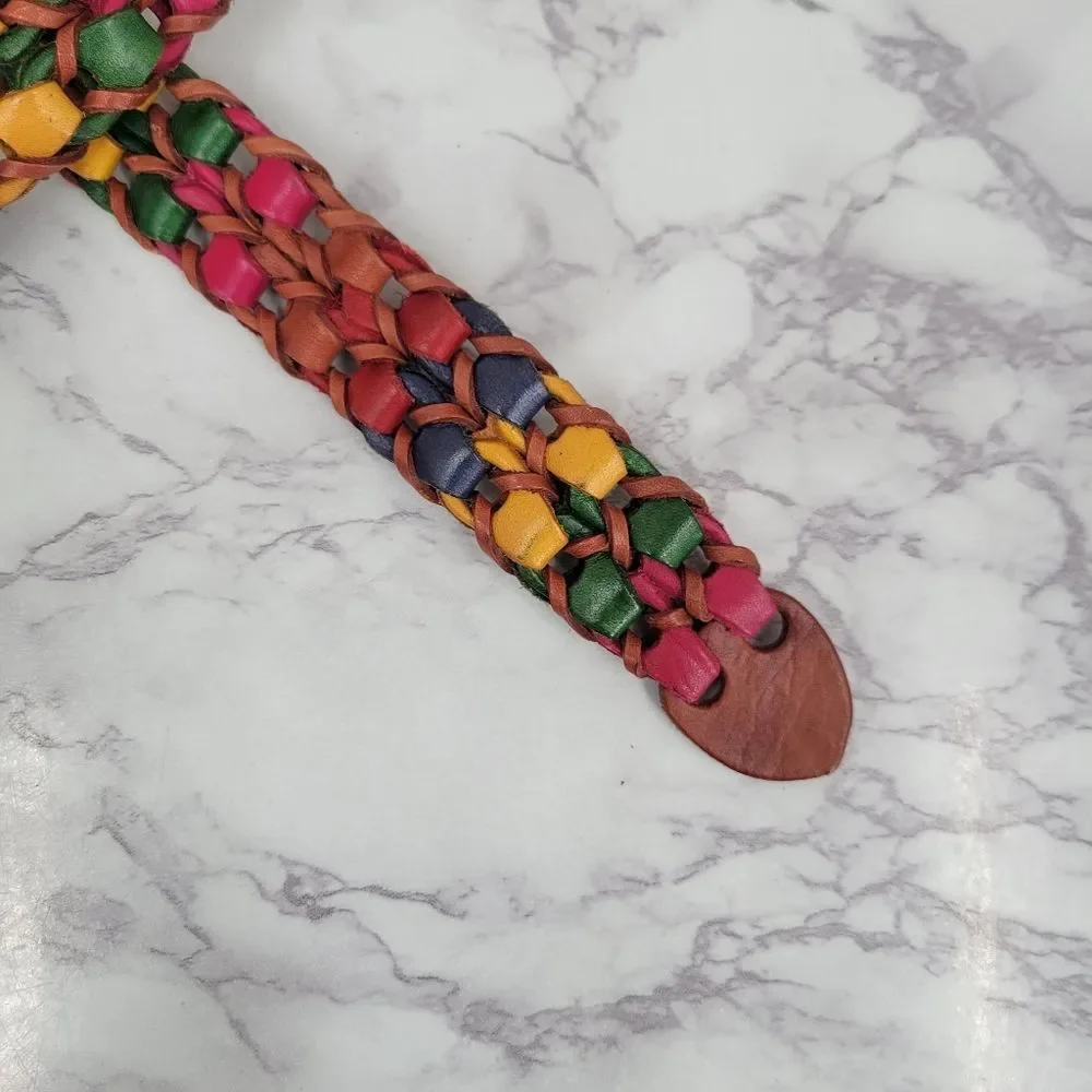 Vintage Woven Multicolor Leather Belt with Gold Tone Buckle
